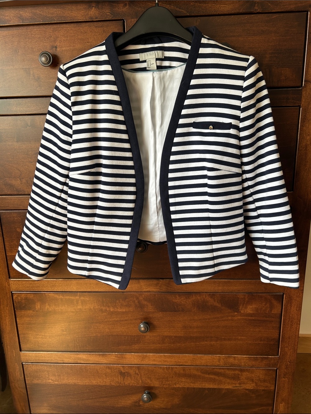 H&M Navy and White Striped Collarless Blazer